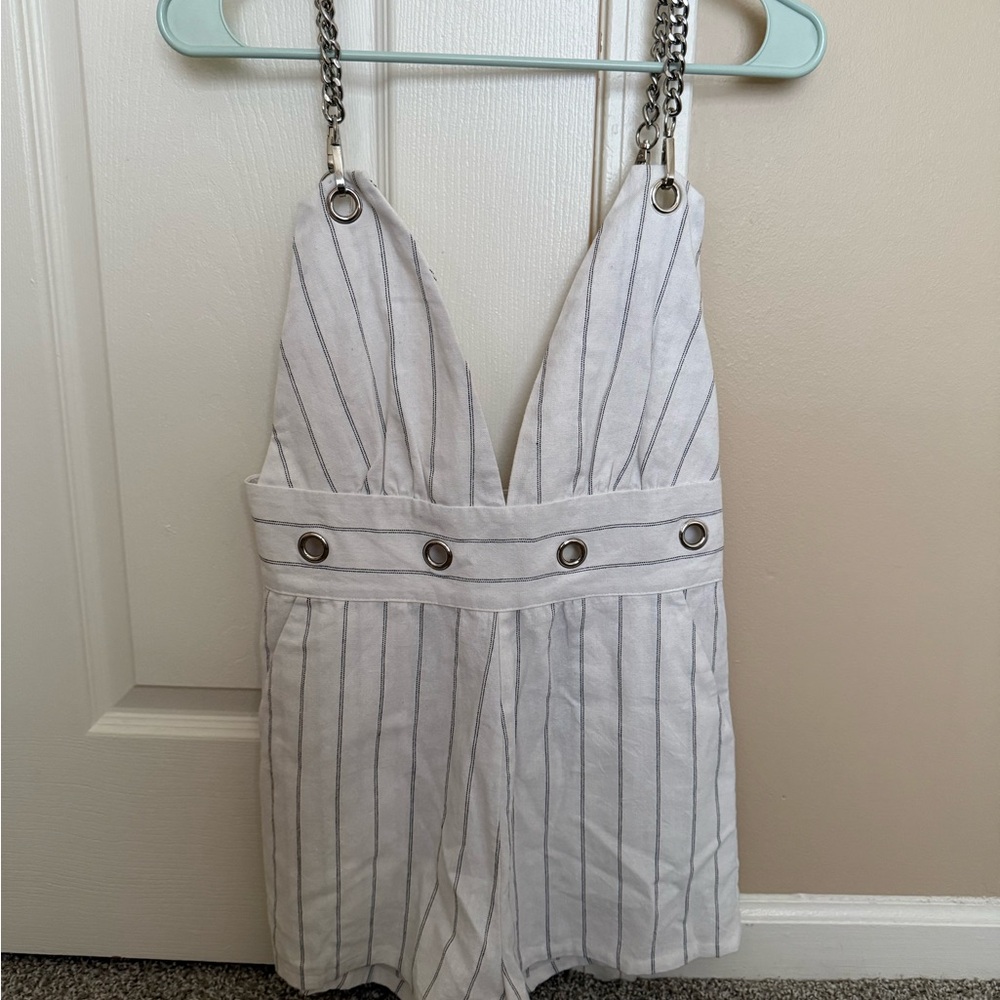 Carmar White Striped V-Neck Chain-Strap One-Piece Romper